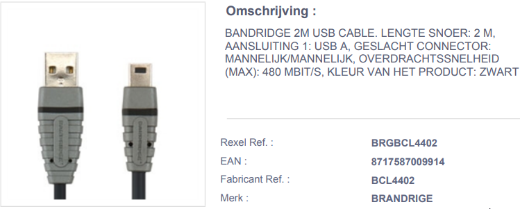 USB- mini kabel, 2m